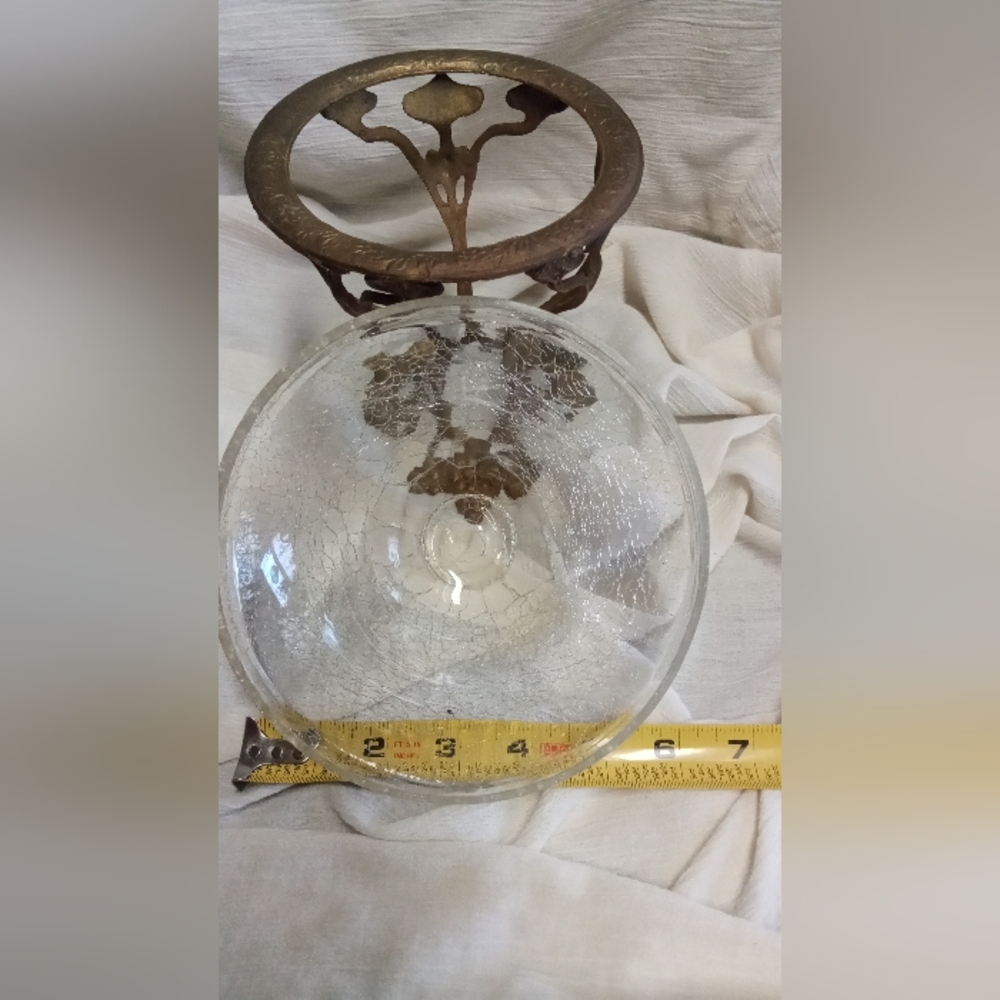 Crackeled Glass Bowl with Ornate Metal Stand - Picture 3 of 6